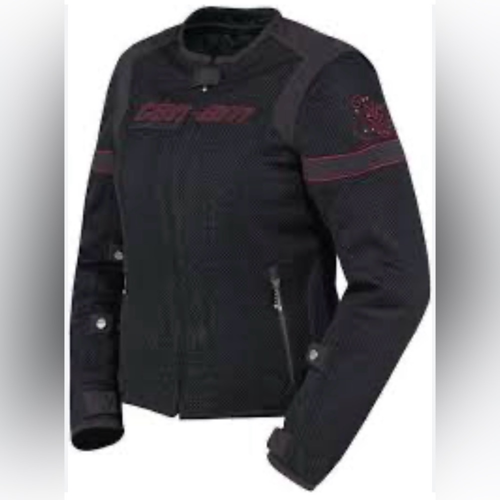 Women's Black Leather-Style Motorcycle Jacket with Red Trim